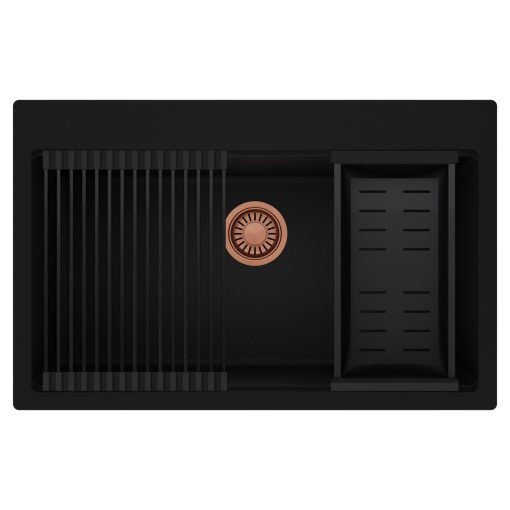 HD Infinity Black 78 egymedencés gránit mosogatótálca szett, matt fekete csepegtetőráccsal és kosárral, matt fekete színben, szálcsiszolt réz leeresztő szifonnal