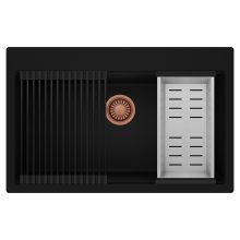 HD Infinity Black 78 egymedencés gránit mosogatótálca szett, matt fekete csepegtetőráccsal és krómozott kosárral, matt fekete színben, szálcsiszolt réz leeresztő szifonnal