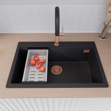 HD Infinity Black 78 egymedencés gránit mosogatótálca szett, matt fekete csepegtetőráccsal és krómozott kosárral, matt fekete színben, szálcsiszolt réz leeresztő szifonnal