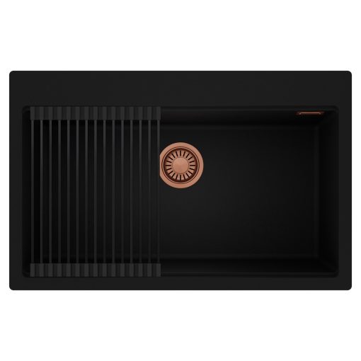 HD Infinity Black 78 egymedencés gránit mosogatótálca szett, matt fekete csepegtetőráccsal, matt fekete színben, szálcsiszolt réz leeresztő szifonnal