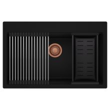 HD Infinity Black 78 egymedencés gránit mosogatótálca szett, acél csepegtetőráccsal és matt fekete kosárral, matt fekete színben, szálcsiszolt réz leeresztő szifonnal