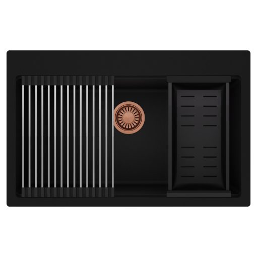 HD Infinity Black 78 egymedencés gránit mosogatótálca szett, acél csepegtetőráccsal és matt fekete kosárral, matt fekete színben, szálcsiszolt réz leeresztő szifonnal