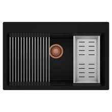 HD Infinity Black 78 egymedencés gránit mosogatótálca szett, acél csepegtetőráccsal és kosárral, matt fekete színben, szálcsiszolt réz leeresztő szifonnal