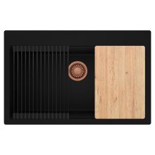 HD Infinity Black 78 egymedencés gránit mosogatótálca szett, vágódeszkával, matt fekete csepegtetőráccsal, matt fekete színben, szálcsiszolt réz leeresztő szifonnal