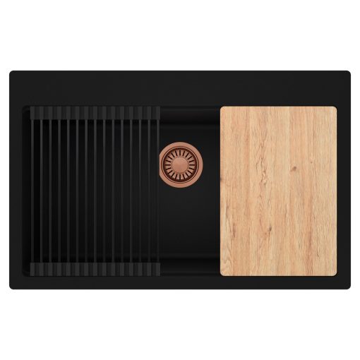 HD Infinity Black 78 egymedencés gránit mosogatótálca szett, vágódeszkával, matt fekete csepegtetőráccsal, matt fekete színben, szálcsiszolt réz leeresztő szifonnal
