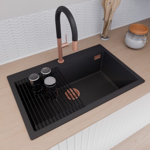 HD Infinity Black 78 egymedencés gránit mosogatótálca szett, vágódeszkával, matt fekete csepegtetőráccsal, matt fekete színben, szálcsiszolt réz leeresztő szifonnal