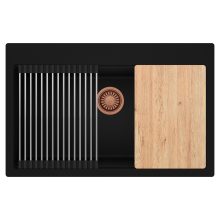 HD Infinity Black 78 egymedencés gránit mosogatótálca szett, vágódeszkával, acél csepegtetőráccsal, matt fekete színben, szálcsiszolt réz leeresztő szifonnal