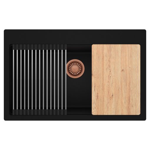 HD Infinity Black 78 egymedencés gránit mosogatótálca szett, vágódeszkával, acél csepegtetőráccsal, matt fekete színben, szálcsiszolt réz leeresztő szifonnal