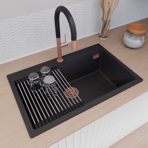 HD Infinity Black 78 egymedencés gránit mosogatótálca szett, vágódeszkával, acél csepegtetőráccsal, matt fekete színben, szálcsiszolt réz leeresztő szifonnal