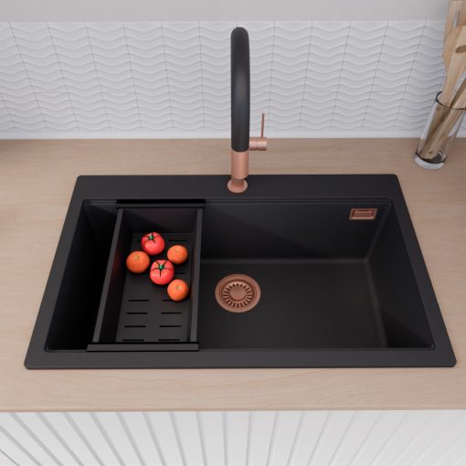 HD Infinity Black 78 egymedencés gránit mosogatótálca szett, vágódeszkával, matt fekete csepegtetőkosárral, matt fekete színben, szálcsiszolt réz leeresztő szifonnal