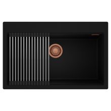 HD Infinity Black 78 egymedencés gránit mosogatótálca szett, acél csepegtetőráccsal, matt fekete színben, szálcsiszolt réz leeresztő szifonnal