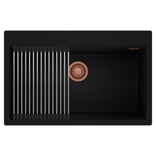 HD Infinity Black 78 egymedencés gránit mosogatótálca szett, acél csepegtetőráccsal, matt fekete színben, szálcsiszolt réz leeresztő szifonnal