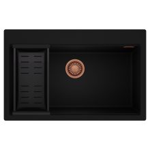 HD Infinity Black 78 egymedencés gránit mosogatótálca szett, matt fekete csepegtetőkosárral, matt fekete színben, szálcsiszolt réz leeresztő szifonnal