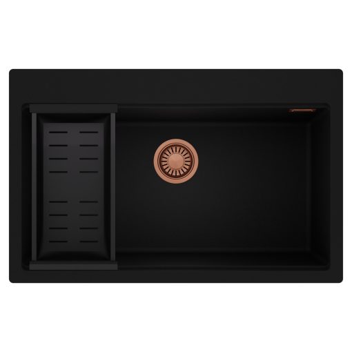 HD Infinity Black 78 egymedencés gránit mosogatótálca szett, matt fekete csepegtetőkosárral, matt fekete színben, szálcsiszolt réz leeresztő szifonnal