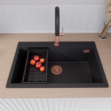 HD Infinity Black 78 egymedencés gránit mosogatótálca szett, matt fekete csepegtetőkosárral, matt fekete színben, szálcsiszolt réz leeresztő szifonnal