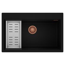 HD Infinity Black 78 egymedencés gránit mosogatótálca szett, acél csepegtetőkosárral, matt fekete színben, szálcsiszolt réz leeresztő szifonnal