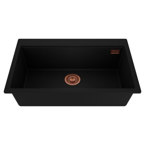 HD Infinity Black 78 egymedencés gránit mosogatótálca, matt fekete színben, szálcsiszolt réz leeresztő szifonnal