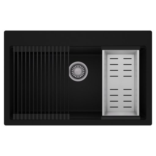 HD Infinity Black 78 egymedencés gránit mosogatótálca szett, matt fekete csepegtetőráccsal és krómozott kosárral, matt fekete színben