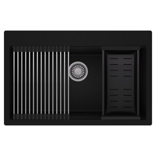 HD Infinity Black 78 egymedencés gránit mosogatótálca szett, acél csepegtetőráccsal és matt fekete kosárral, matt fekete színben