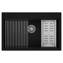 HD Infinity Black 78 egymedencés gránit mosogatótálca szett, acél csepegtetőráccsal és kosárral, matt fekete színben