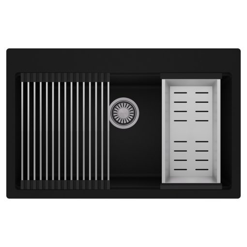 HD Infinity Black 78 egymedencés gránit mosogatótálca szett, acél csepegtetőráccsal és kosárral, matt fekete színben