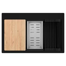 HD Infinity Black 78 egymedencés gránit mosogatótálca szett, vágódeszkával, matt fekete csepegtetőráccsal és krómozott kosárral, matt fekete színben