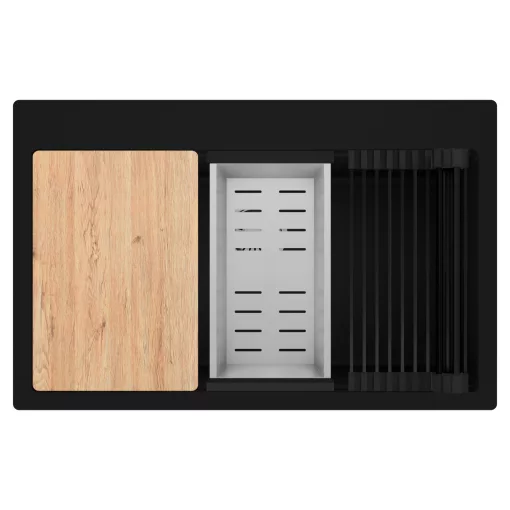 HD Infinity Black 78 egymedencés gránit mosogatótálca szett, vágódeszkával, matt fekete csepegtetőráccsal és krómozott kosárral, matt fekete színben