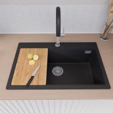 HD Infinity Black 78 egymedencés gránit mosogatótálca szett, vágódeszkával, matt fekete csepegtetőráccsal és krómozott kosárral, matt fekete színben