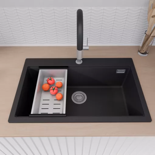 HD Infinity Black 78 egymedencés gránit mosogatótálca szett, vágódeszkával, matt fekete csepegtetőráccsal és krómozott kosárral, matt fekete színben