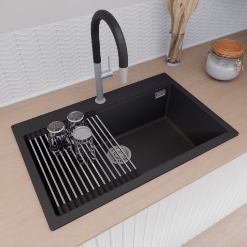 HD Infinity Black 78 egymedencés gránit mosogatótálca szett, vágódeszkával, acél csepegtetőráccsal, matt fekete színben