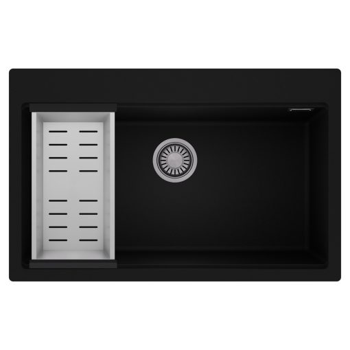 HD Infinity Black 78 egymedencés gránit mosogatótálca szett, acél csepegtetőkosárral, matt fekete színben