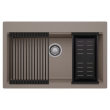 HD Infinity Tortora 78 egymedencés gránit mosogatótálca szett, matt fekete csepegtetőráccsal és kosárral, tortora színben, szálcsiszolt króm leeresztő szifonnal