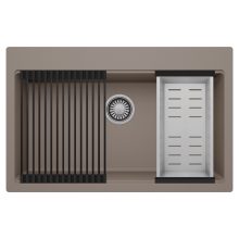 HD Infinity Tortora 78 egymedencés gránit mosogatótálca szett, matt fekete csepegtetőráccsal és krómozott kosárral, tortora színben, szálcsiszolt króm leeresztő szifonnal