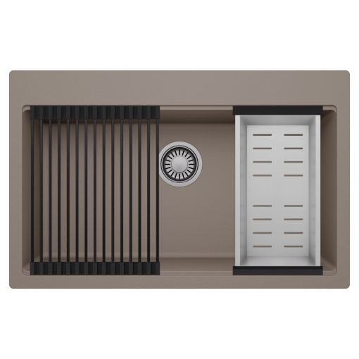 HD Infinity Tortora 78 egymedencés gránit mosogatótálca szett, matt fekete csepegtetőráccsal és krómozott kosárral, tortora színben, szálcsiszolt króm leeresztő szifonnal