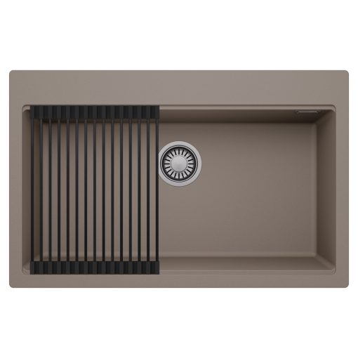 HD Infinity Tortora 78 egymedencés gránit mosogatótálca szett, matt fekete csepegtetőráccsal, tortora színben, szálcsiszolt króm leeresztő szifonnal