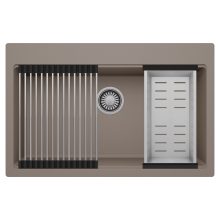 HD Infinity Tortora 78 egymedencés gránit mosogatótálca szett, acél csepegtetőráccsal és kosárral, tortora színben, szálcsiszolt króm leeresztő szifonnal