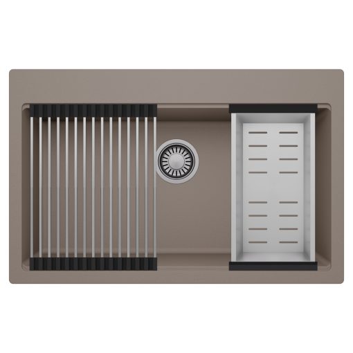 HD Infinity Tortora 78 egymedencés gránit mosogatótálca szett, acél csepegtetőráccsal és kosárral, tortora színben, szálcsiszolt króm leeresztő szifonnal