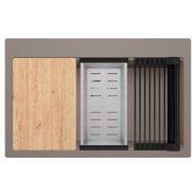 HD Infinity Tortora 78 egymedencés gránit mosogatótálca szett, vágódeszkával, matt fekete csepegtetőráccsal és krómozott kosárral, tortora színben, szálcsiszolt króm leeresztő szifonnal