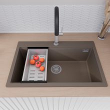 HD Infinity Tortora 78 egymedencés gránit mosogatótálca szett, vágódeszkával, matt fekete csepegtetőráccsal és krómozott kosárral, tortora színben, szálcsiszolt króm leeresztő szifonnal