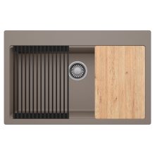 HD Infinity Tortora 78 egymedencés gránit mosogatótálca szett, vágódeszkával, matt fekete csepegtetőráccsal, tortora színben, szálcsiszolt króm leeresztő szifonnal