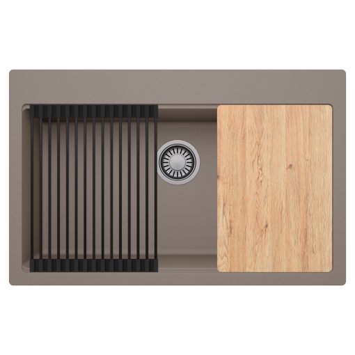 HD Infinity Tortora 78 egymedencés gránit mosogatótálca szett, vágódeszkával, matt fekete csepegtetőráccsal, tortora színben, szálcsiszolt króm leeresztő szifonnal