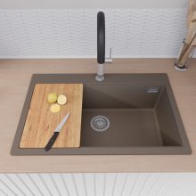 HD Infinity Tortora 78 egymedencés gránit mosogatótálca szett, vágódeszkával, acél csepegtetőráccsal és matt fekete kosárral, tortora színben, szálcsiszolt króm leeresztő szifonnal