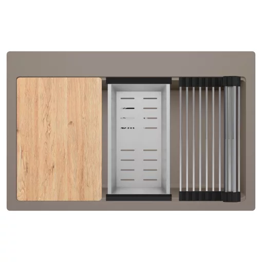 HD Infinity Tortora 78 egymedencés gránit mosogatótálca szett, vágódeszkával, acél csepegtetőráccsal és kosárral, tortora színben, szálcsiszolt króm leeresztő szifonnal