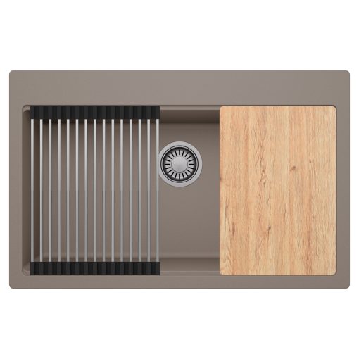 HD Infinity Tortora 78 egymedencés gránit mosogatótálca szett, vágódeszkával, acél csepegtetőráccsal, tortora színben, szálcsiszolt króm leeresztő szifonnal