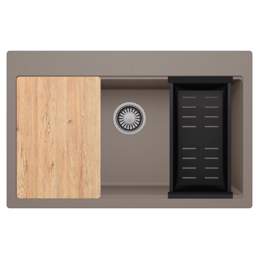 HD Infinity Tortora 78 egymedencés gránit mosogatótálca szett, vágódeszkával, matt fekete csepegtetőkosárral, tortora színben, szálcsiszolt króm leeresztő szifonnal