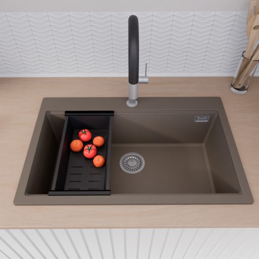 HD Infinity Tortora 78 egymedencés gránit mosogatótálca szett, vágódeszkával, matt fekete csepegtetőkosárral, tortora színben, szálcsiszolt króm leeresztő szifonnal