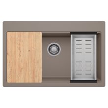 HD Infinity Tortora 78 egymedencés gránit mosogatótálca szett, vágódeszkával, acél csepegtetőkosárral, tortora színben, szálcsiszolt króm leeresztő szifonnal