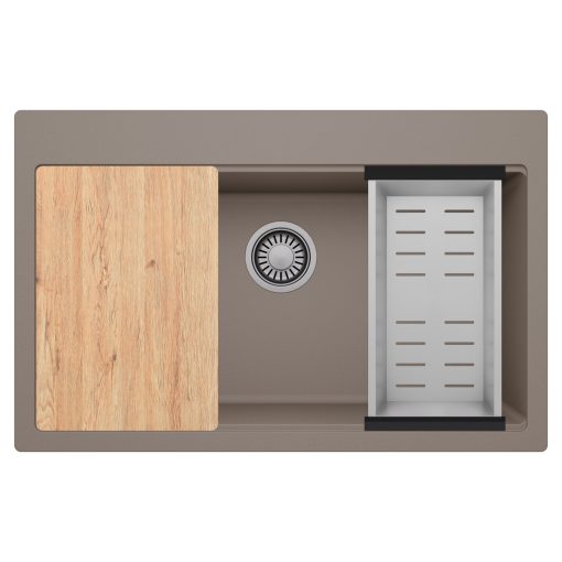 HD Infinity Tortora 78 egymedencés gránit mosogatótálca szett, vágódeszkával, acél csepegtetőkosárral, tortora színben, szálcsiszolt króm leeresztő szifonnal