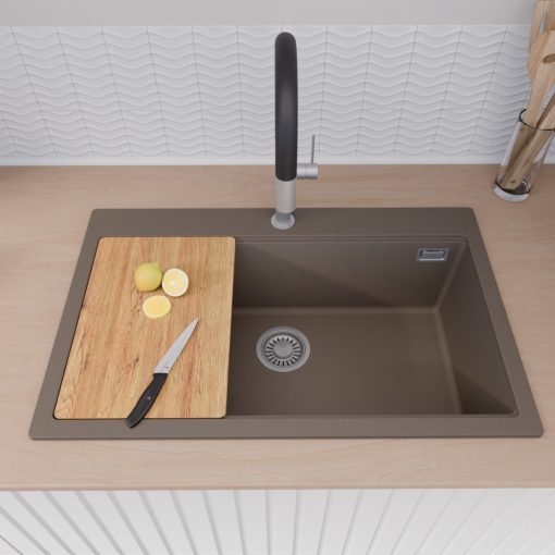 HD Infinity Tortora 78 egymedencés gránit mosogatótálca szett, vágódeszkával, acél csepegtetőkosárral, tortora színben, szálcsiszolt króm leeresztő szifonnal