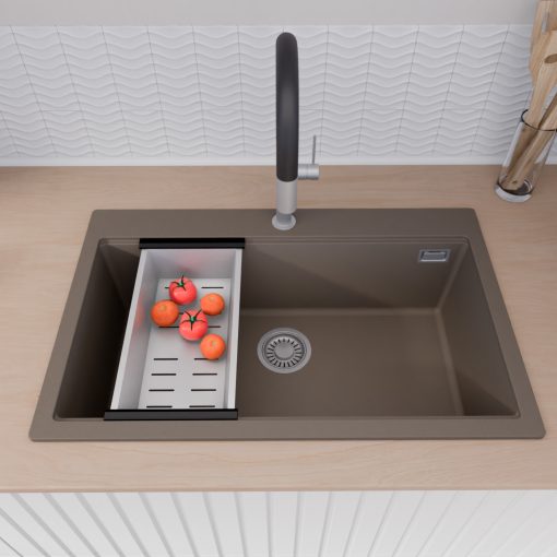 HD Infinity Tortora 78 egymedencés gránit mosogatótálca szett, vágódeszkával, acél csepegtetőkosárral, tortora színben, szálcsiszolt króm leeresztő szifonnal